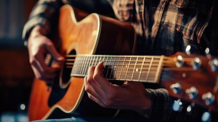 Obraz premium Man playing acoustic guitar, practicing music at home