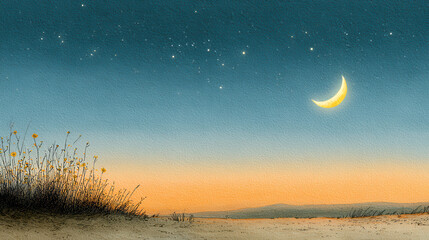 Crescent moon glowing softly over calm landscape with wildflowers and stars in peaceful twilight sky