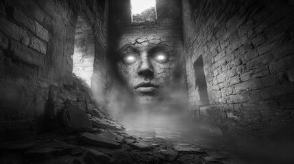 Mysterious Stone Face Surrounded by Fog in an Abandoned Building