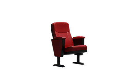 Isolated red upholstered auditorium chair with black armrests and base, centered on a white background.
