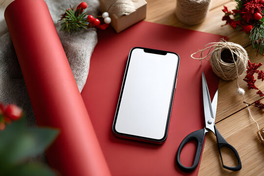 Smartphone with blank screen on red paper with Christmas gift wrapping