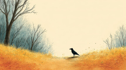 Black crow stands on dry grass field with bare trees and soft beige sky background, evoking calm and solitude in nature