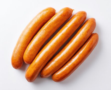 Four cooked sausages arranged in a circle on a white background