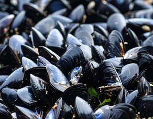 Close-up of many mussels