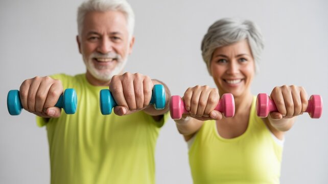 Senior couple exercising together, holding colorful dumbbells in hands, wearing bright athletic wear, smiling and promoting healthy lifestyle and fitness for older adults