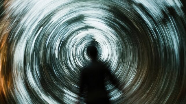 Human silhouette disappearing entering a light vortex tunnel