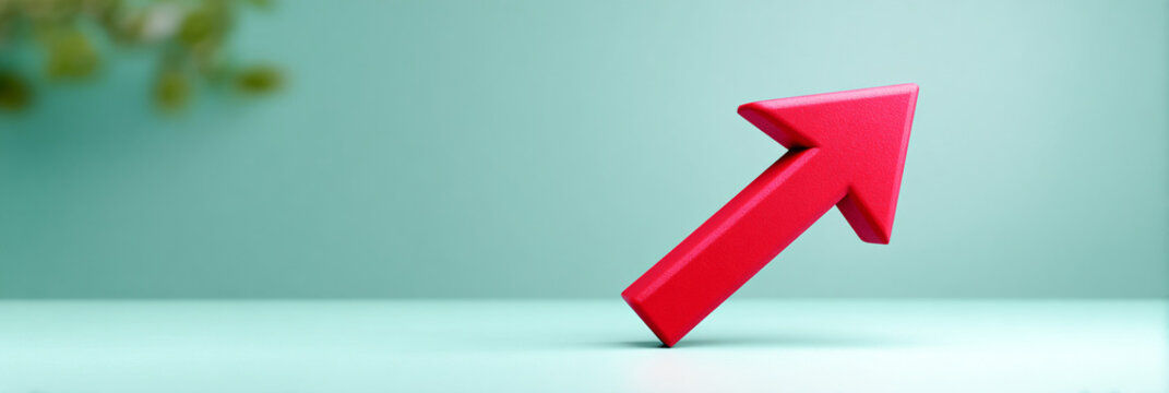 Red upward arrow symbol on a soft green background, representing growth and progress, with a minimalistic design that emphasizes positivity and forward movement in visual communication