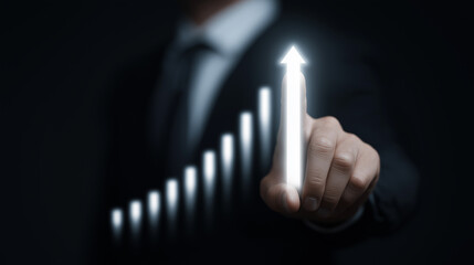 Businessman Touching Virtual Upward Arrow Representing Growth, Success and Financial Performance in Corporate Strategy