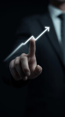 Businessman Touching Virtual Upward Arrow Representing Growth, Success and Financial Performance in Corporate Strategy, Vertical