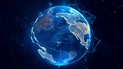 Luminous holographic representation of Earth showcasing global communication networks, illuminated city connections against deep technological backdrop with intricate digital interface panels - Powered by Adobe
