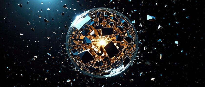 Exploding metallic sphere with luminous core and flying debris