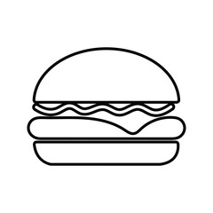 Single black outline illustrates a stacked burger with melted cheese on white backdrop