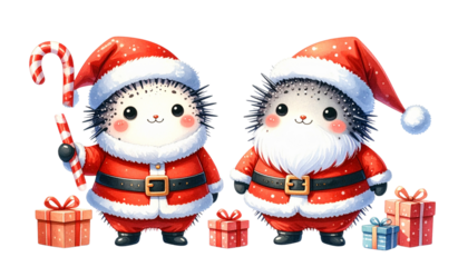  Festive sea urchin wearing Santa costume dual variation set isolated on transparent background