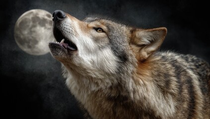 Obraz premium A wolf howls at the moon in a dramatic close-up.