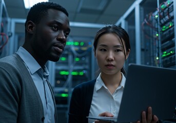 IT Professionals Inspecting Servers Using Laptop
