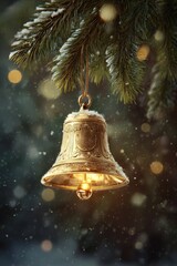 Golden Christmas Bell Ornament Hanging on Snowy Pine Branch with Bokeh.