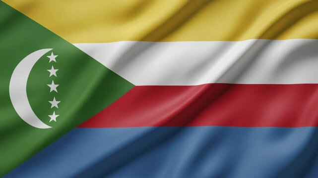 The National Flag of the Union of Comoros, a Symbol of Unity and Sovereignty, Displayed in a Waving Fabric Against a Neutral Background