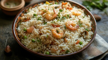 Shrimp biryani dish with rice and fresh herbs