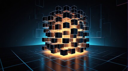 Abstract glowing cube structure representing data and technology concept