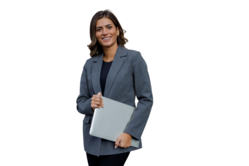Confident businesswoman smiling and holding laptop, portraying professional success, leadership, and digital expertise with transparent background
