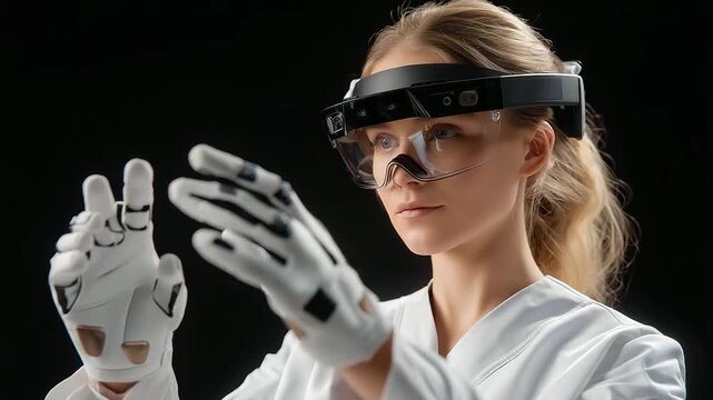 Finnish virtual reality therapist&rsquo;s gloved hands calibrating haptic gloves for mental health simulations futuristic wellness technology sustainable therapy innovation precision