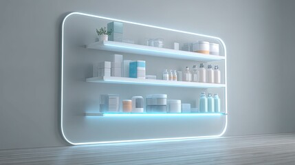 Futuristic retail display shelving cosmetics skincare products