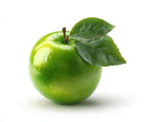 A vibrant green apple with two leaves.  Fresh, glossy apple sits against a white background, showcasing its smooth skin and subtle highlights.  Two small, vibrant green leaves rest gently on top