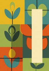 Obraz premium Mid-century modern poster mockup with a geometric floral pattern. Retro illustration with bold color blocks and stylized flowers. Vertical background with copy space
