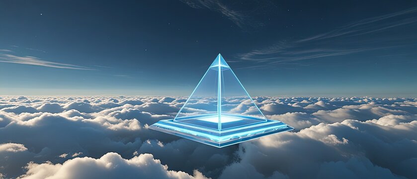 Futuristic glowing pyramid above clouds digital art background