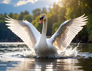 Swan in flight, splashing water
