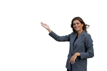 Businesswoman smiling, presenting with open hand, showing copy space on transparent background for advertisement
