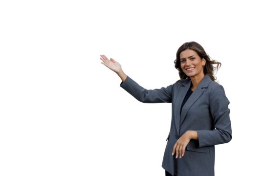 Businesswoman smiling, presenting with open hand, showing copy space on transparent background for advertisement