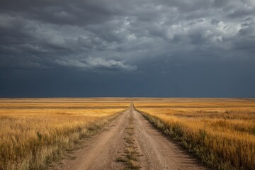 A dirt road stretches into a vast, golden field under a dramatic sky