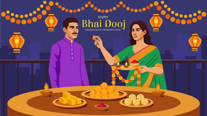 Fototapeta na wymiar Brother and Sister Sharing Sweets During Bhai Dooj - Indian Festival Vector Illustration