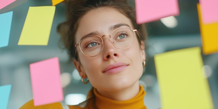 Creative professional brainstorming in an office with colorful sticky notes during a bright day.