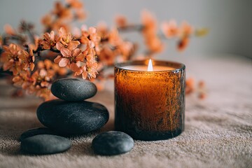 Aromatic candle and stones, serene setting
