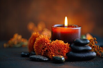 Autumnal spa scene with candle & flowers