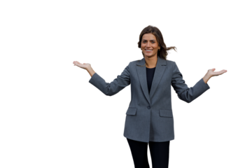 Businesswoman smiling, showing or presenting with open hands, empty copy space, cutout transparent background
