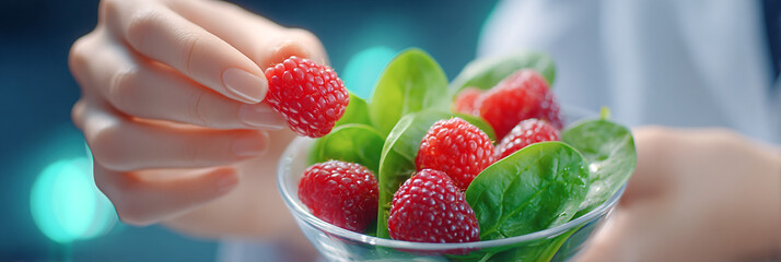 Fresh raspberries being carefully picked from a bowl filled with vibrant green spinach leaves, showcasing healthy eating and culinary creativity in a bright kitchen environment