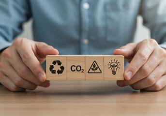 Person holding wooden blocks with environmental symbols on a wooden table