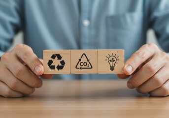 A person holding wooden blocks with icons representing sustainability and innovation on a wooden table