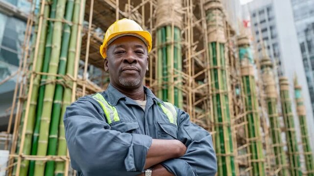 Focused Builder in Construction Zone: A confident builder in a yellow safety helmet stands with arms crossed in front of a building.