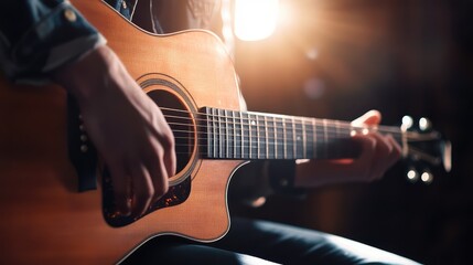 Obraz premium Person playing acoustic guitar, creating music and sound
