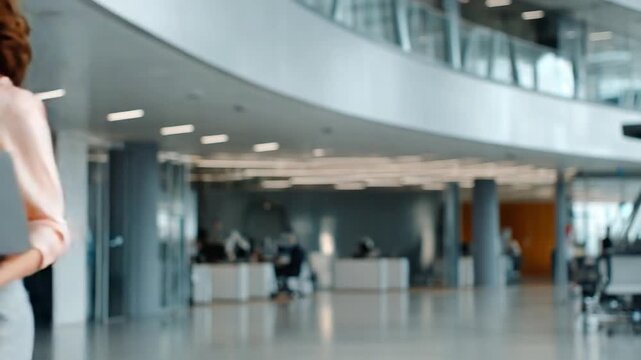 Modern Architectural Journey: A woman traverses a sleek, contemporary building's spacious interior, her silhouette a dynamic counterpoint to the structure's clean lines and expansive windows.