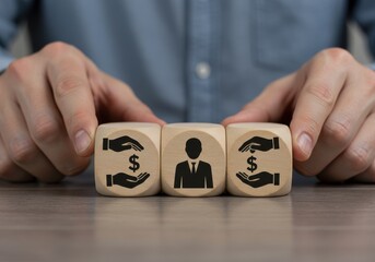 Hands holding wooden cubes with icons representing financial transactions and business dealings on a table