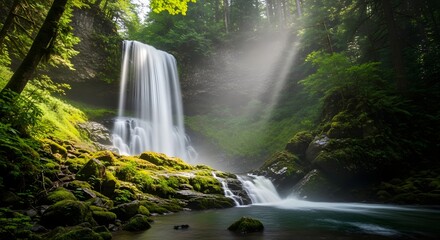 A scenic waterfall cascading down moss covered rocks in a lush green forest with sunlight shining through