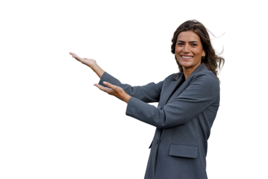 Smiling businesswoman presenting product or service with open hands, offering a deal, showing direction on transparent background