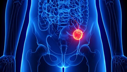 3D illustration of human prostate cancer highlighted within male body, glowing blue x-ray style, with bright red tumor spot