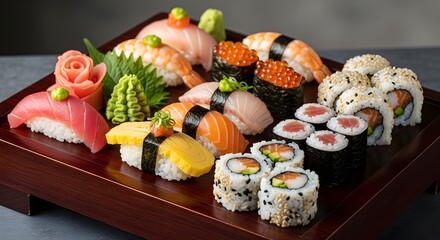A platter of assorted sushi rolls and nigiri with various toppings on a wooden serving tray