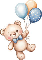 Teddy bear holding balloons in pastel colors. Adorable watercolor bear clipart for kids party decor.